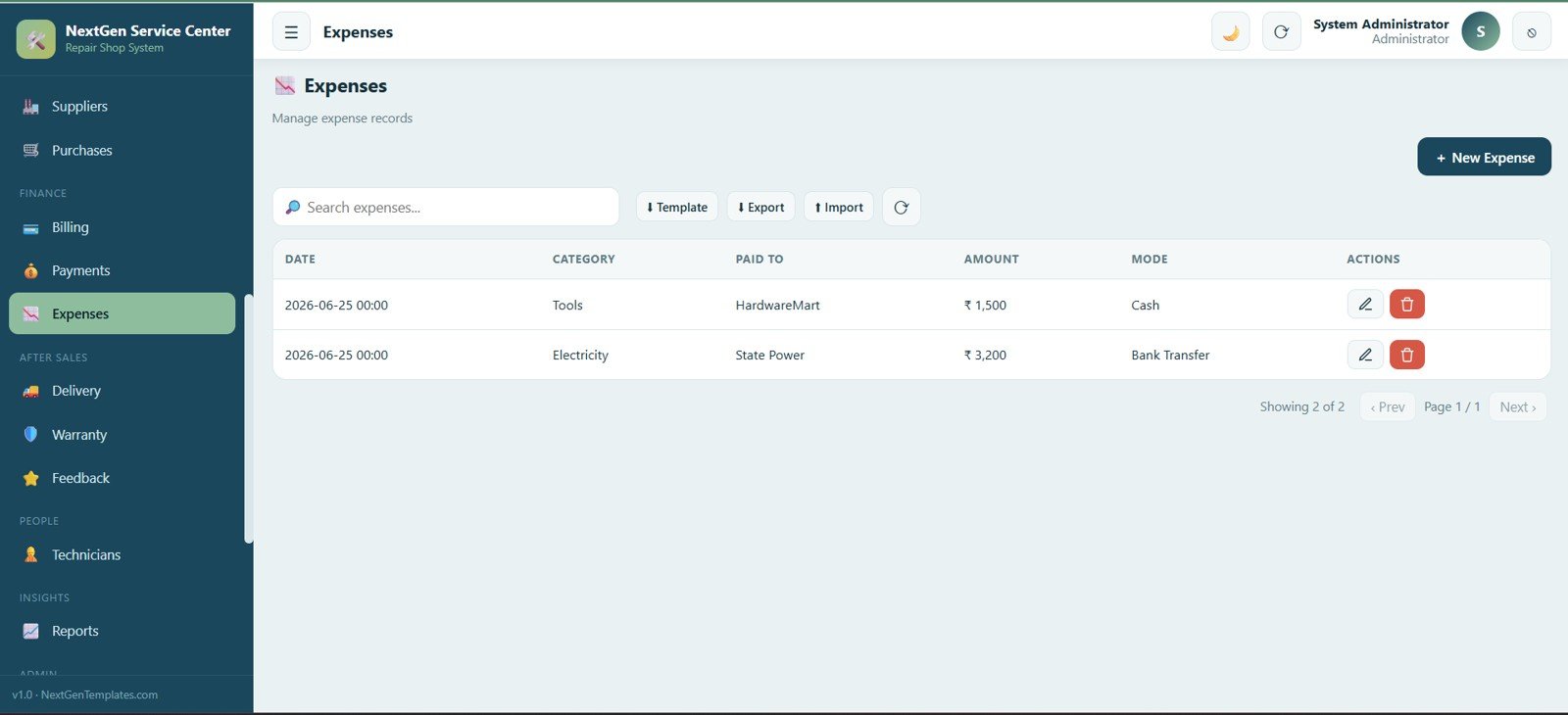 Service Center and Repair Shop Management System Web App - Expenses