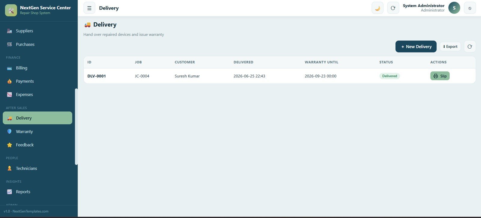 Service Center and Repair Shop Management System Web App - Delivery