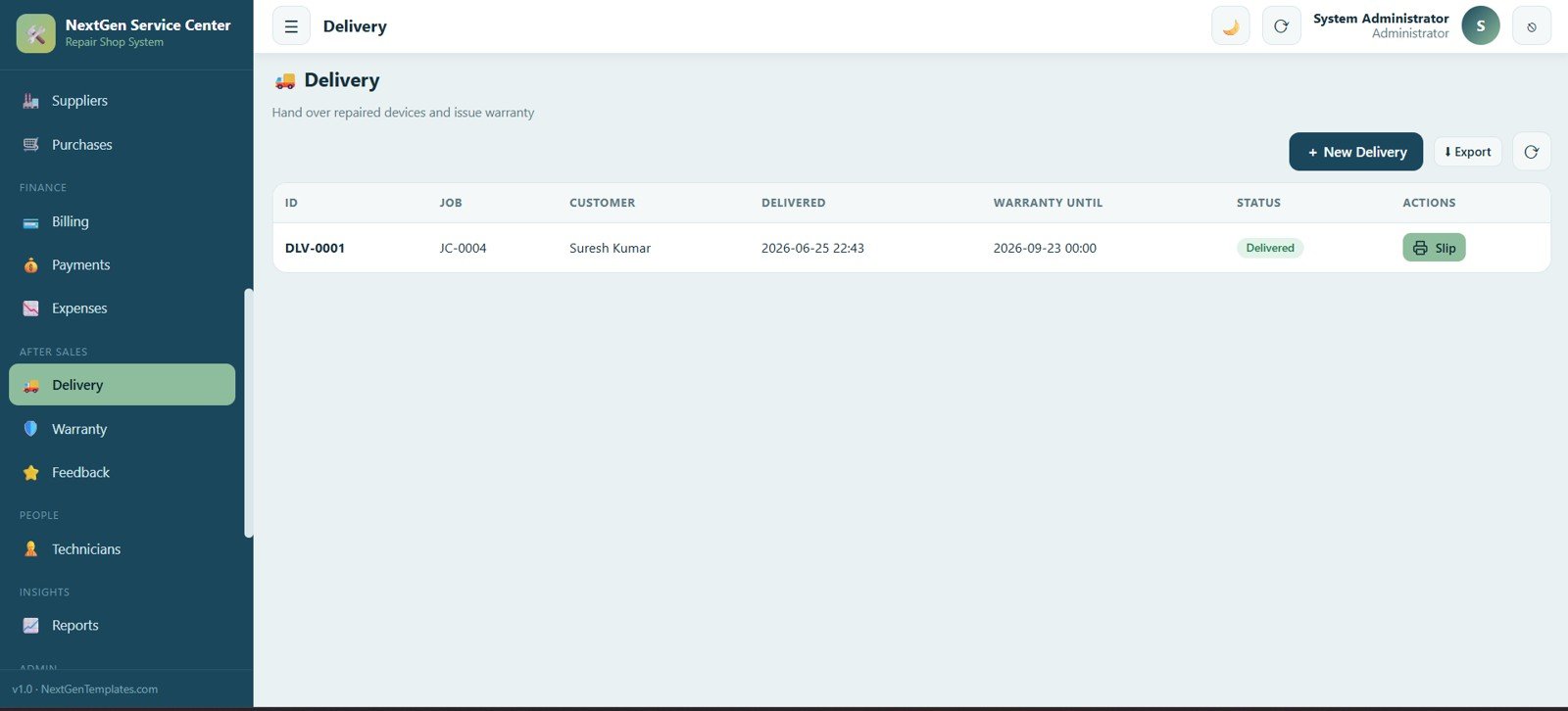 Service Center and Repair Shop Management System Web App - Delivery
