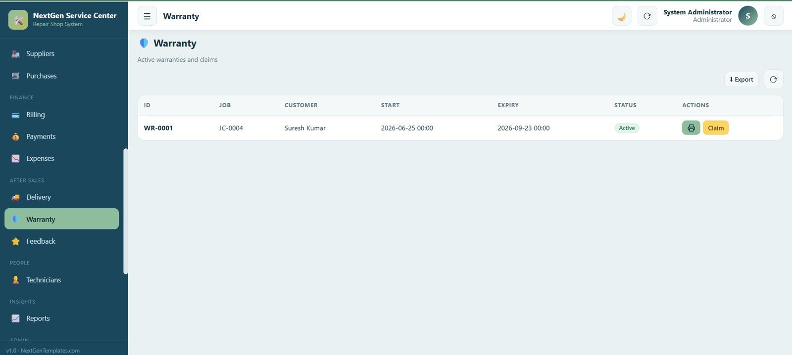Service Center and Repair Shop Management System Web App - Warranty