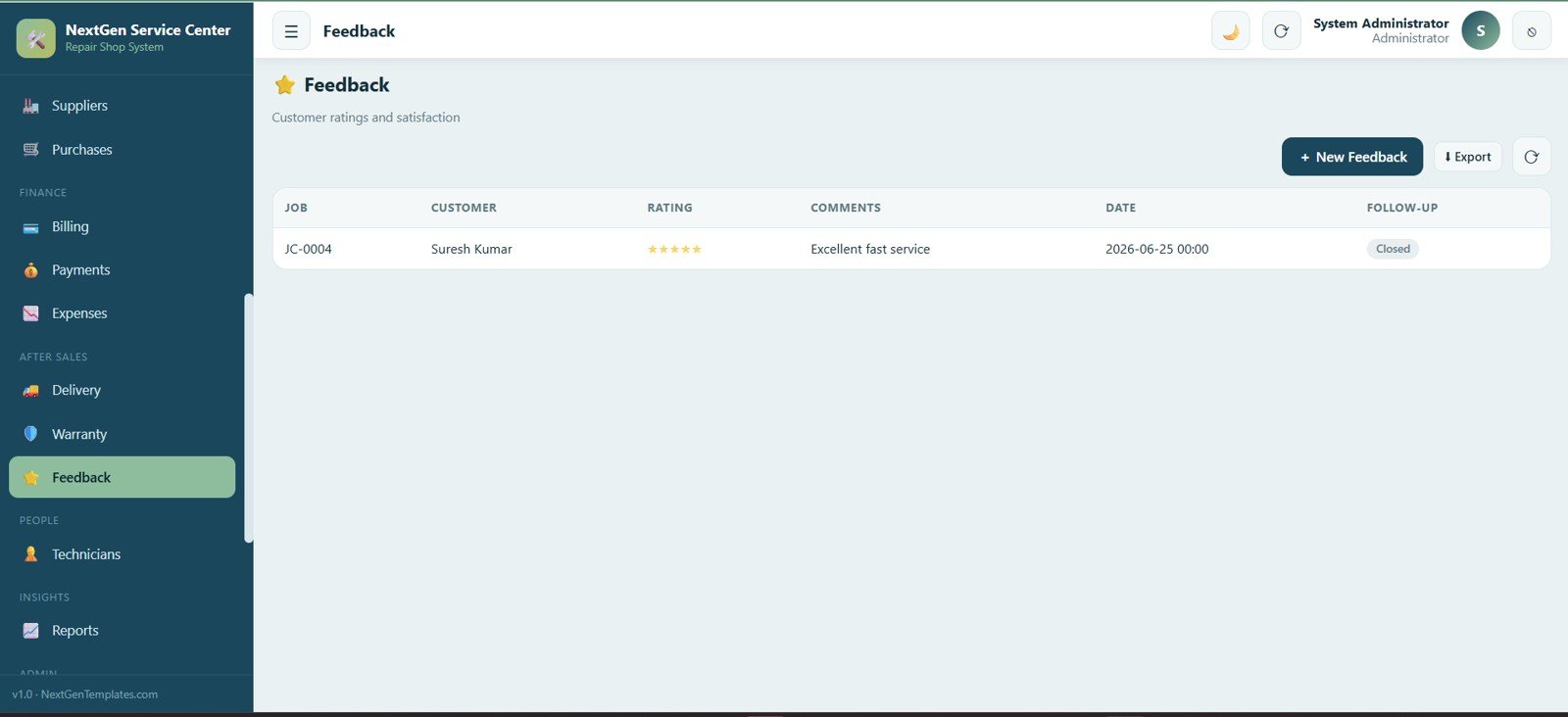 Service Center and Repair Shop Management System Web App - Feedback