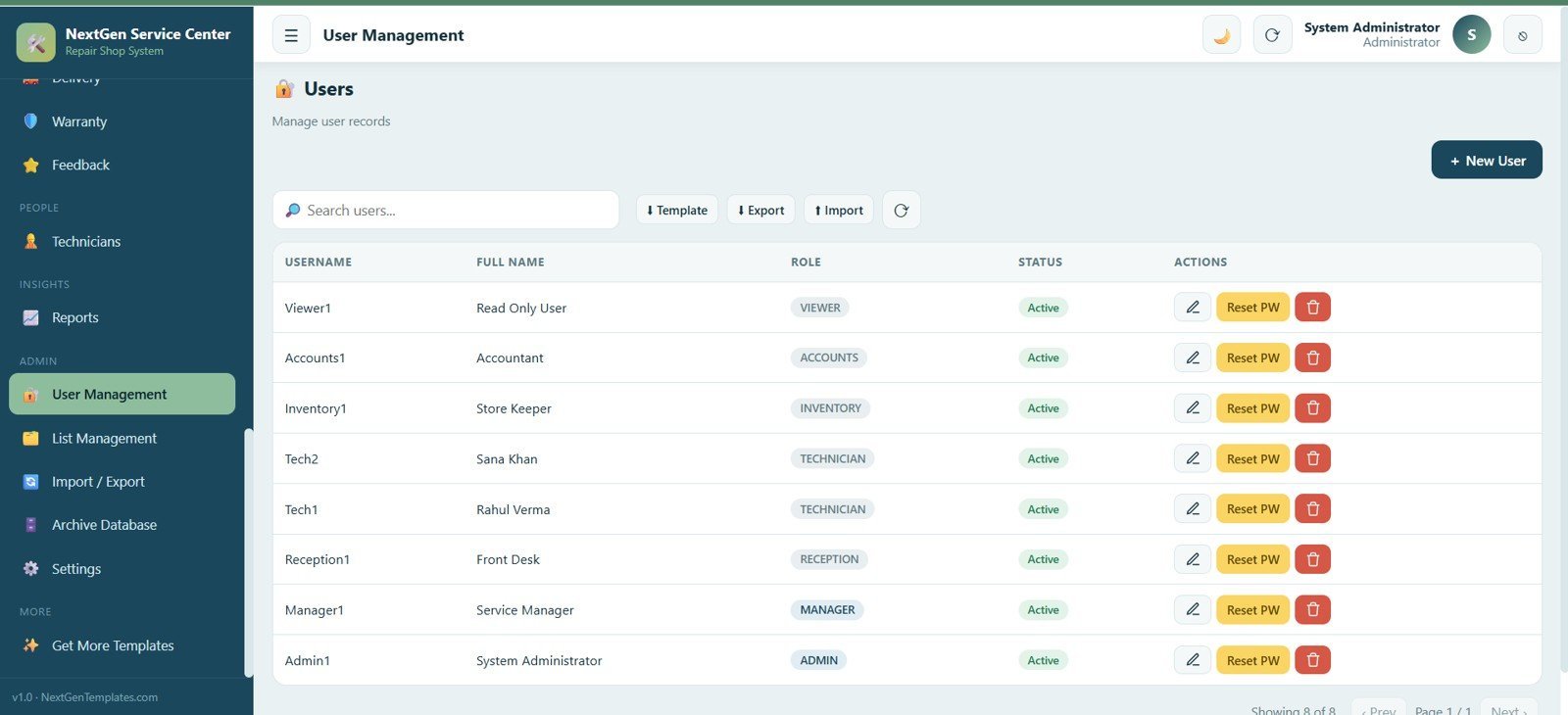 Service Center and Repair Shop Management System Web App - User Management
