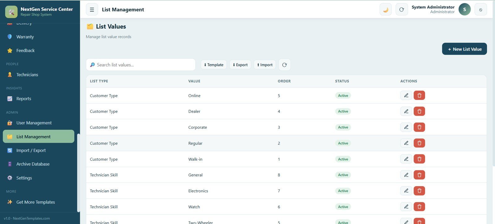 Service Center and Repair Shop Management System Web App - List Management