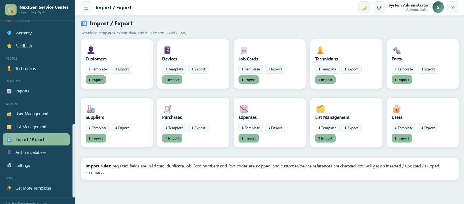 Service Center and Repair Shop Management System Web App - Import and Export