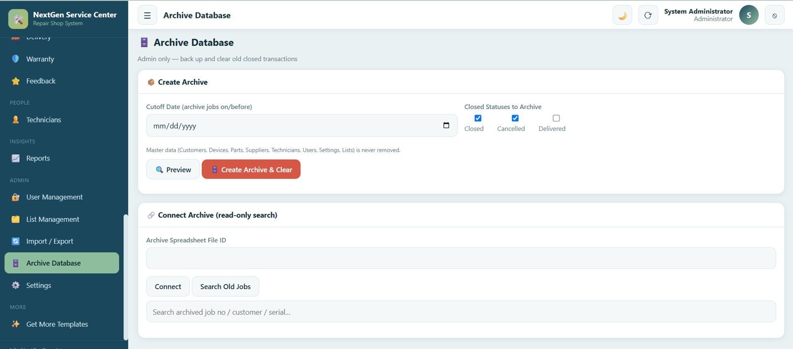 Service Center and Repair Shop Management System Web App - Archive Database