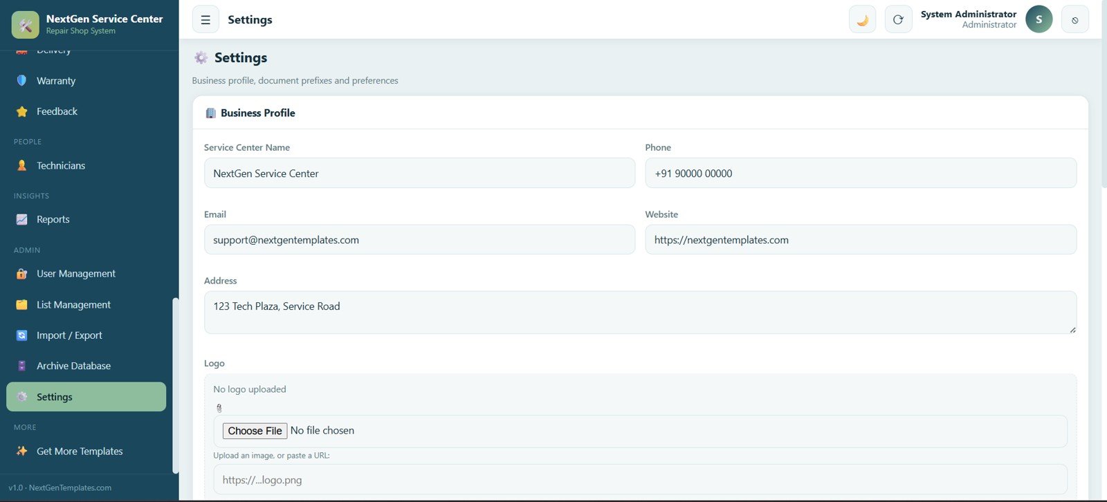 Service Center and Repair Shop Management System Web App - Settings