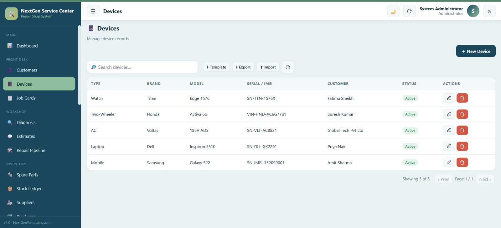 Service Center and Repair Shop Management System Web App - Devices