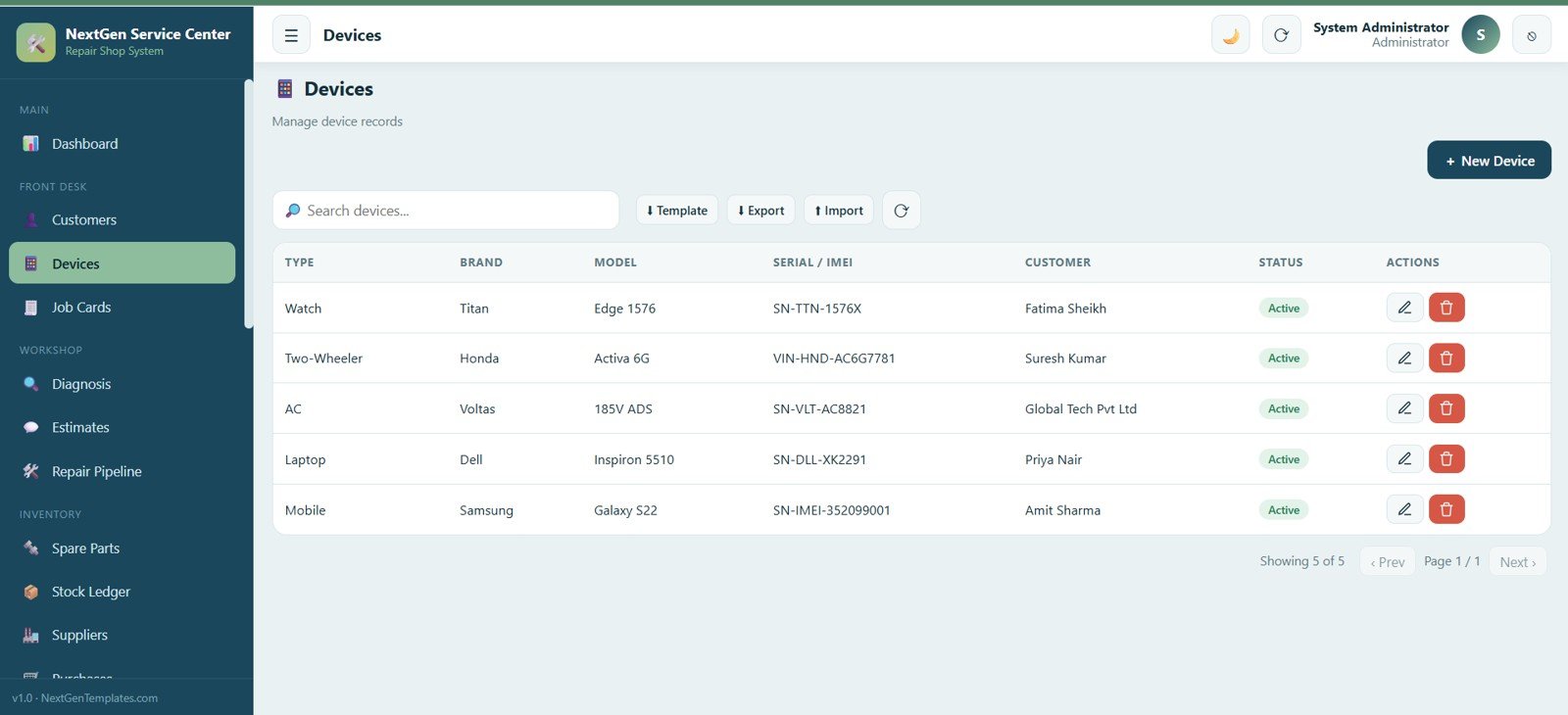 Service Center and Repair Shop Management System Web App - Devices