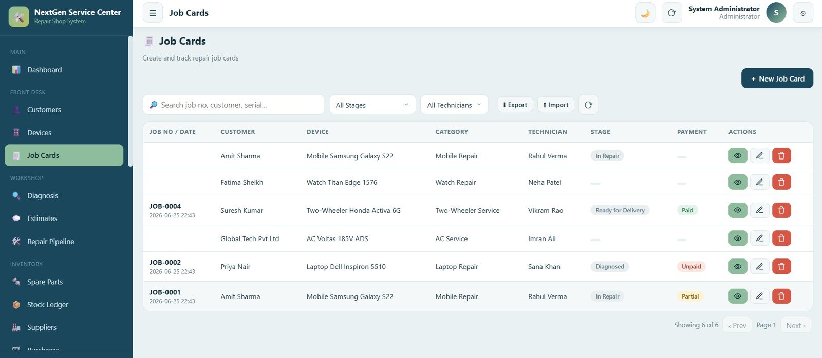 Service Center and Repair Shop Management System Web App - Job Cards