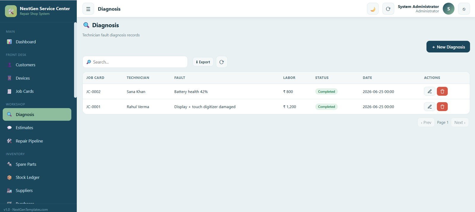 Service Center and Repair Shop Management System Web App - Diagnosis