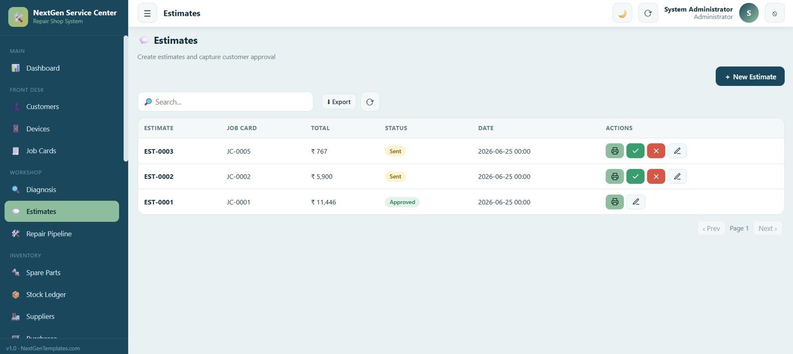 Service Center and Repair Shop Management System Web App - Estimates