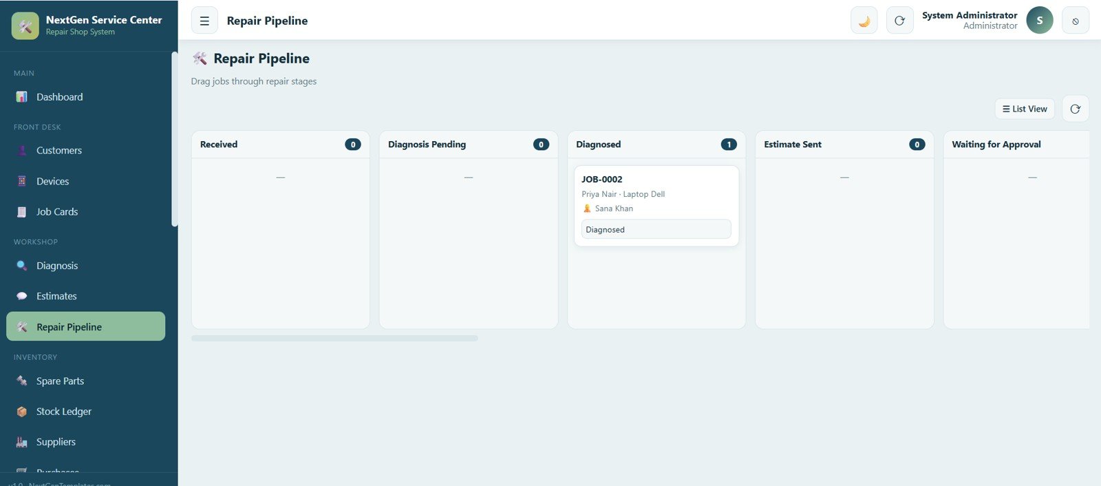 Service Center and Repair Shop Management System Web App - Repair Pipeline