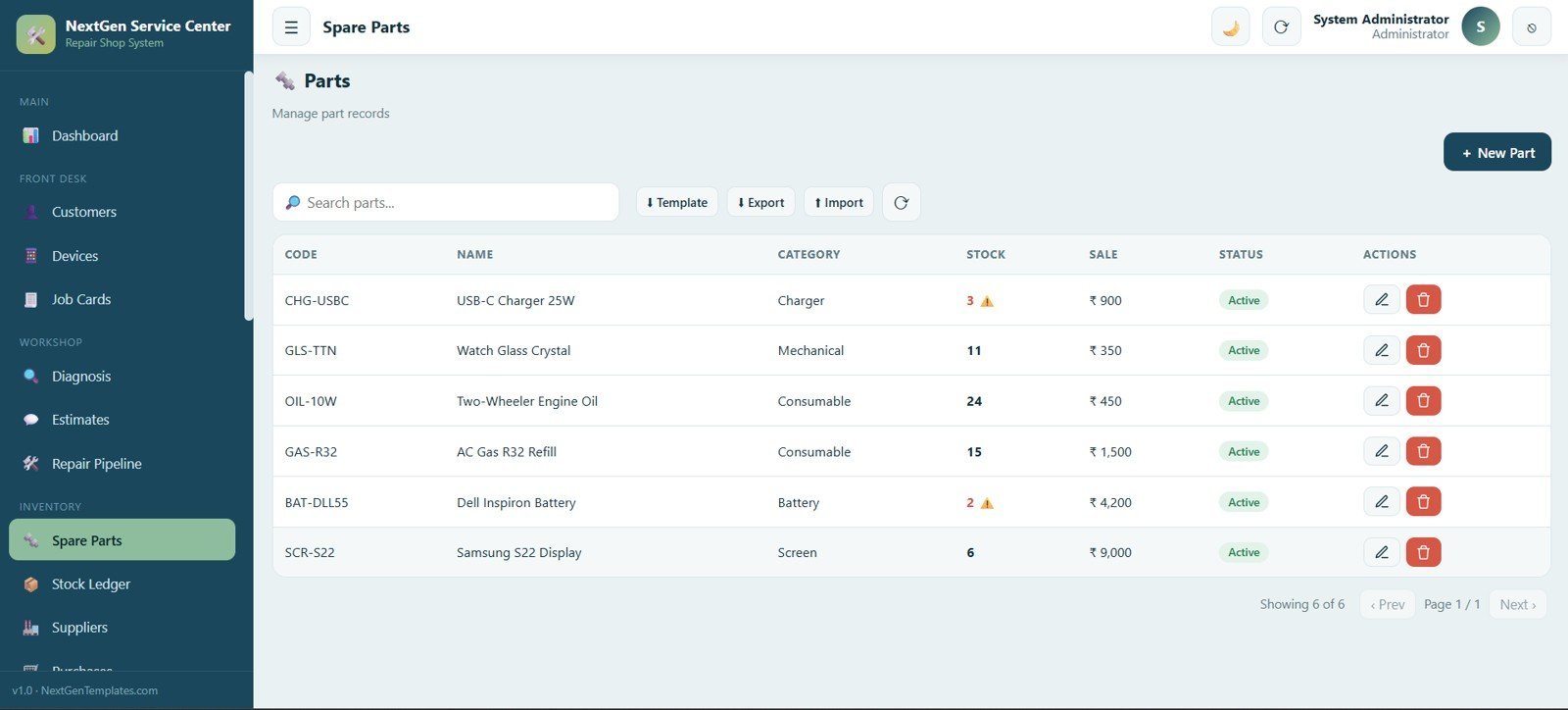 Service Center and Repair Shop Management System Web App - Spare Parts