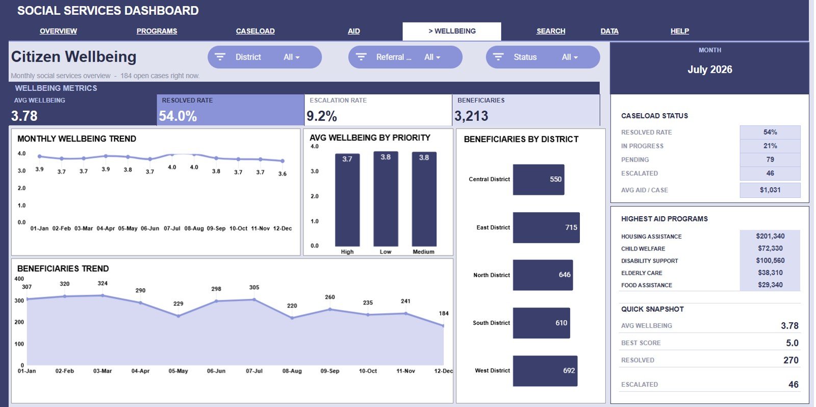 Citizen Wellbeing tab in the Social Services Dashboard in Google Sheets