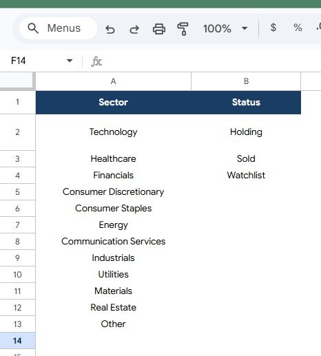 Dropdown List tab for sector options and position status values in Stock Portfolio Tracker in Google Sheets