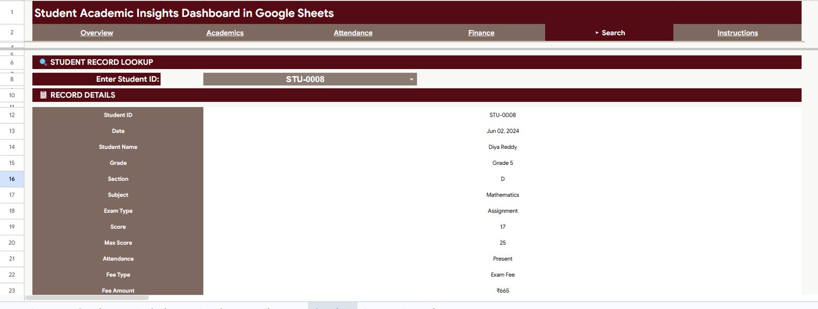 Search Sheet tab with Student ID lookup in Student Academic Insights Dashboard in Google Sheets