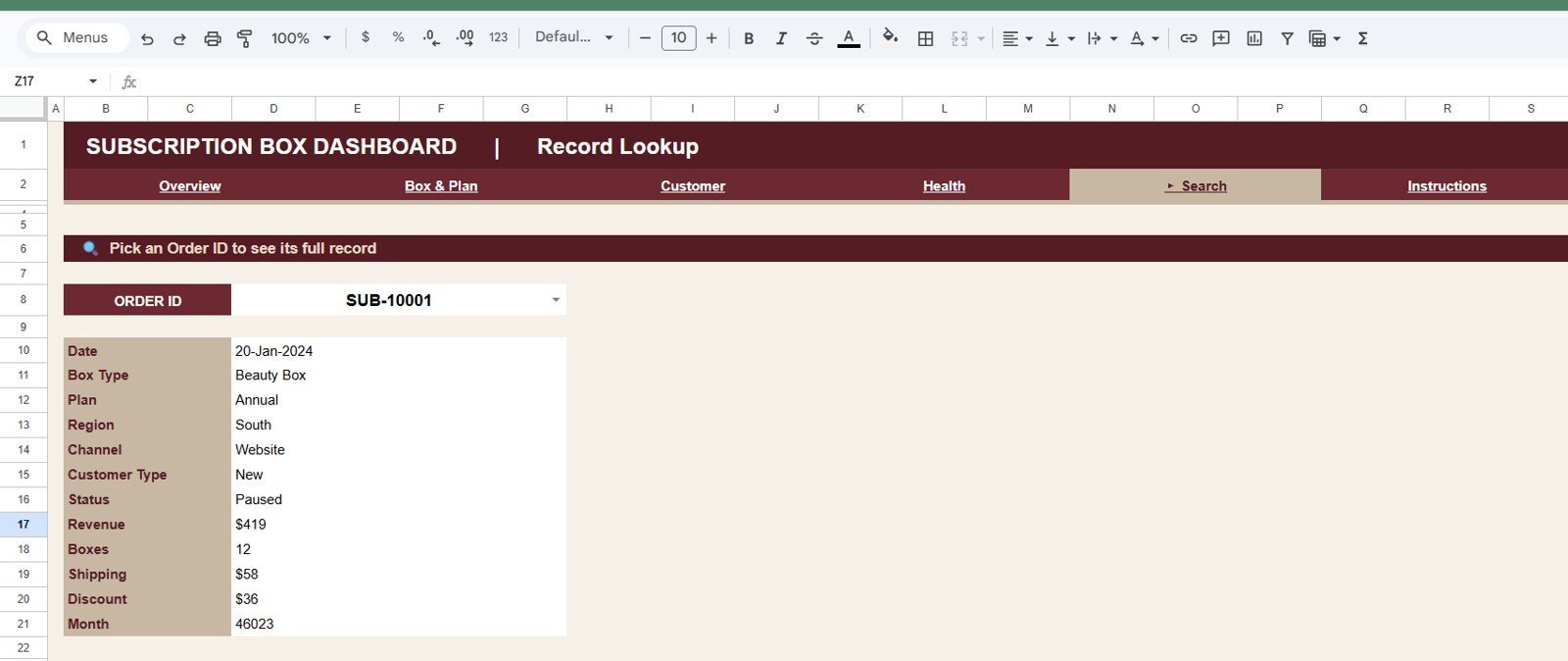 Subscription Box Dashboard in Google Sheets - Search Sheet