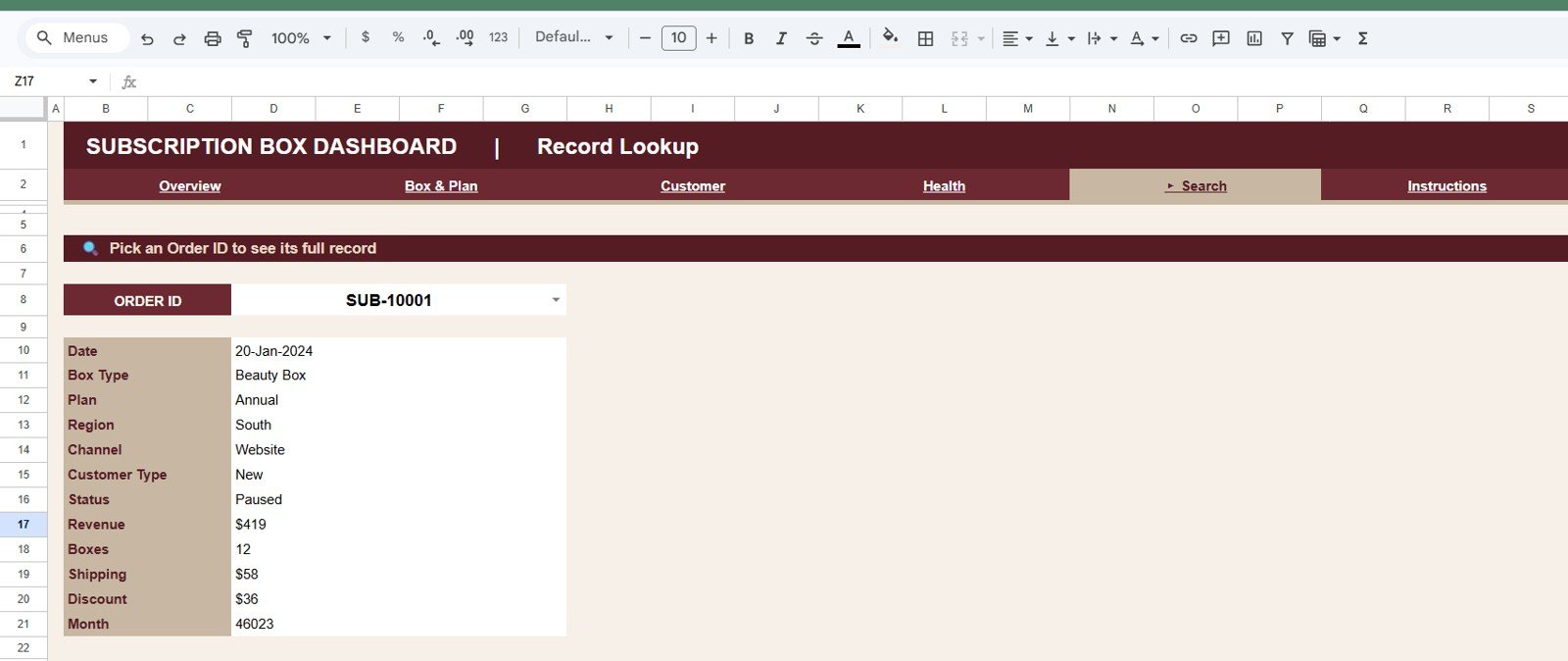 Subscription Box Dashboard in Google Sheets - Search Sheet