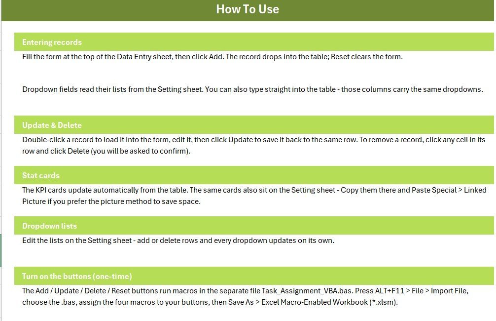 Task Assignment Data Entry System in Excel instructions sheet