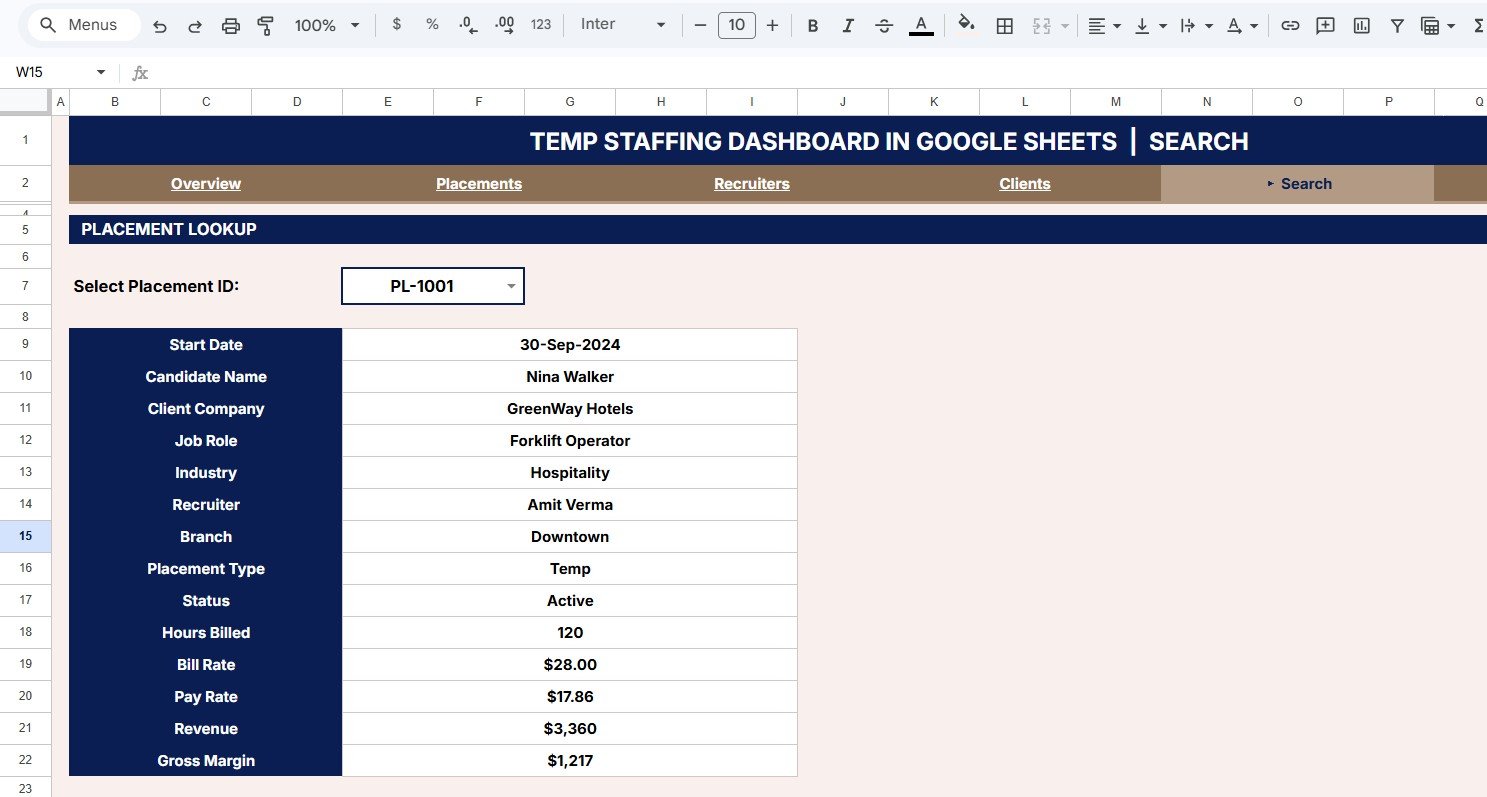 Temp Staffing Dashboard in Google Sheets Search sheet