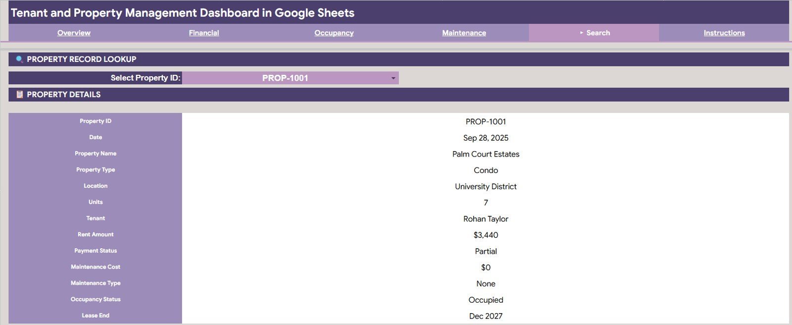 Tenant and Property Management Dashboard in Google Sheets - Search Sheet