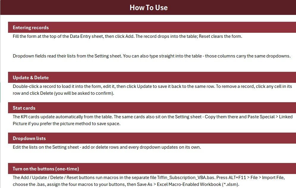Excel VBA Data Entry Form for Tiffin Business - Instructions