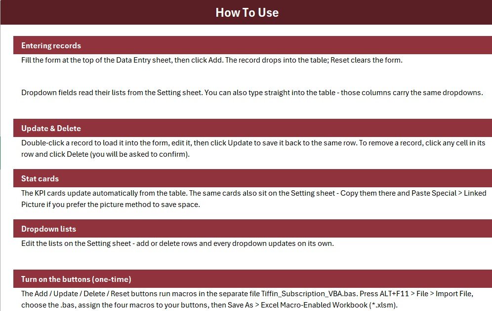 Tiffin Subscription Data Entry System in Excel - Image 4
