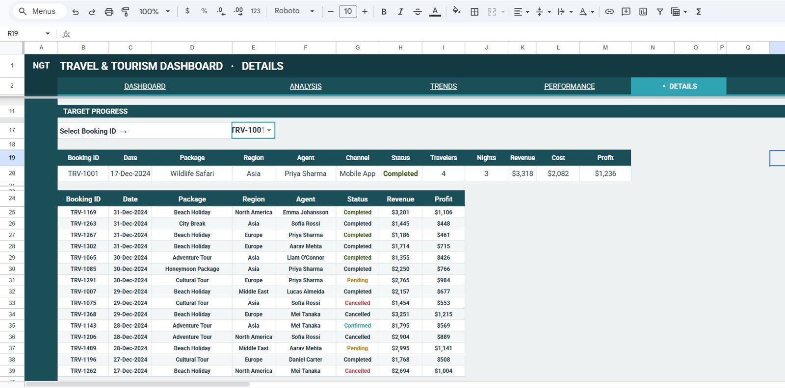 Details tab in Travel and Tourism Dashboard in Google Sheets