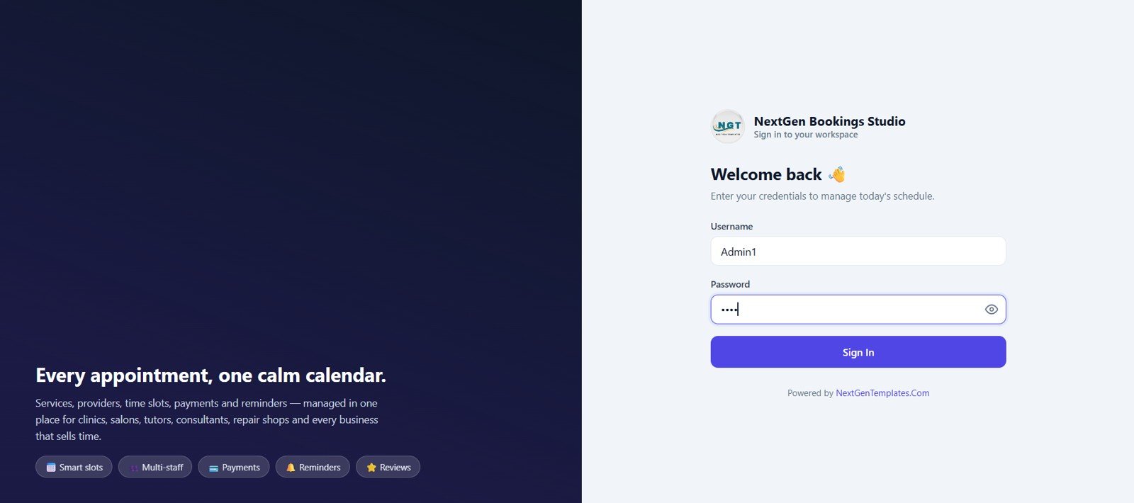 Universal Appointment Booking System Web App login screen