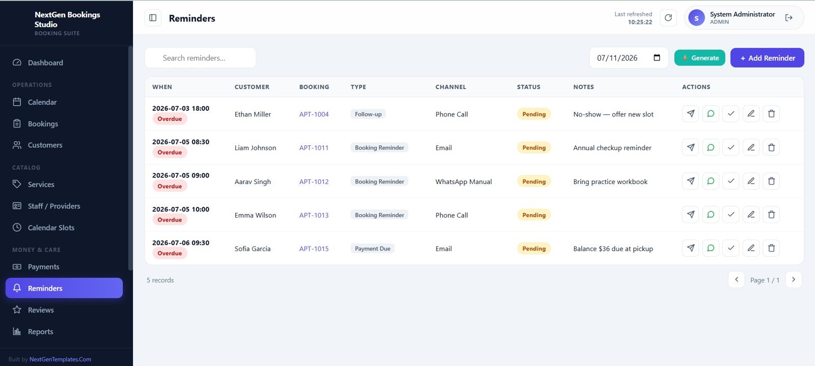 Reminder management table for booking follow ups