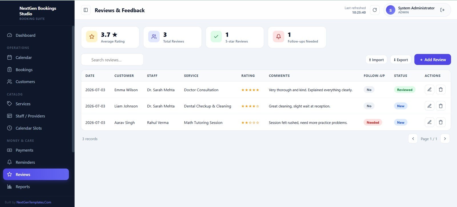 Reviews and feedback screen with ratings and follow up status