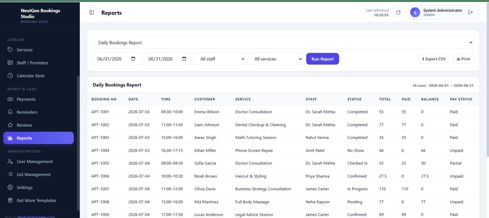 Reports page for appointment booking data