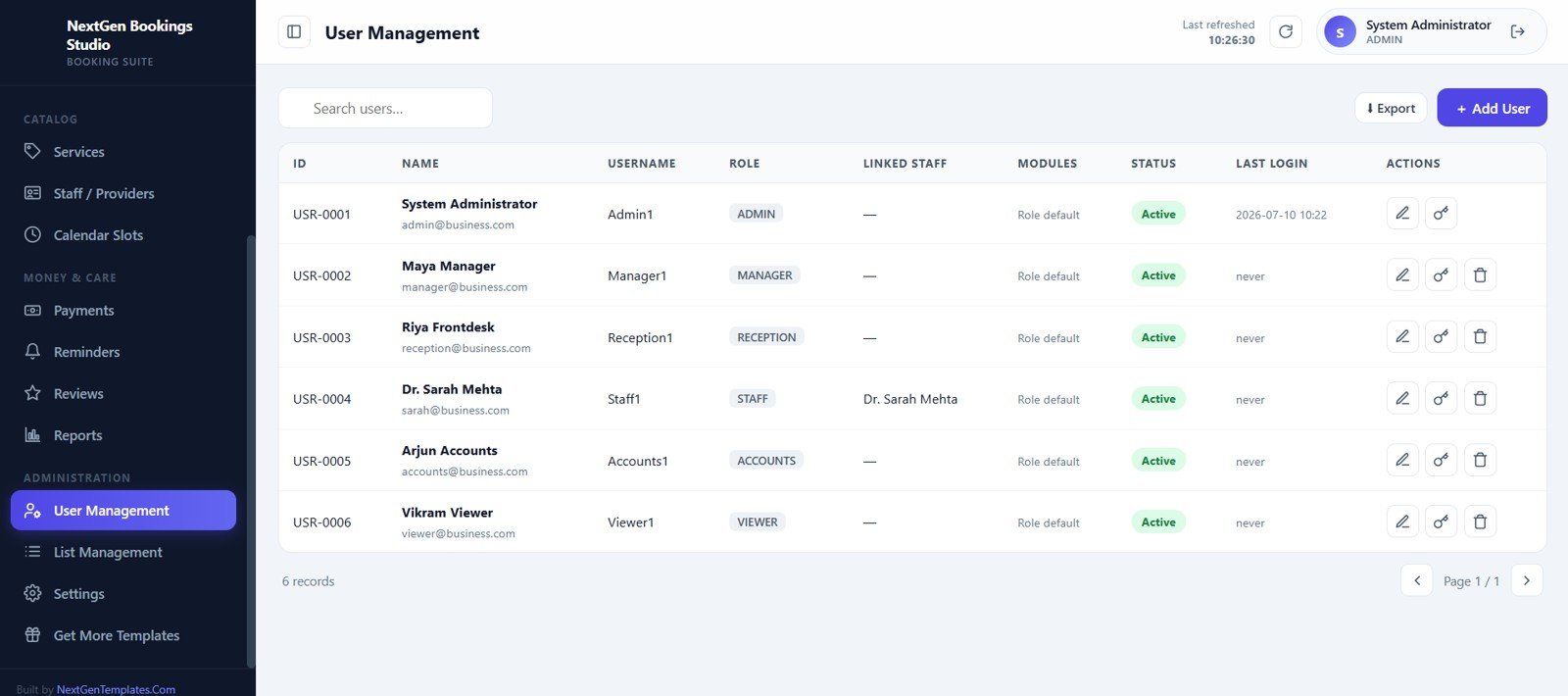 User management screen with roles modules and login status