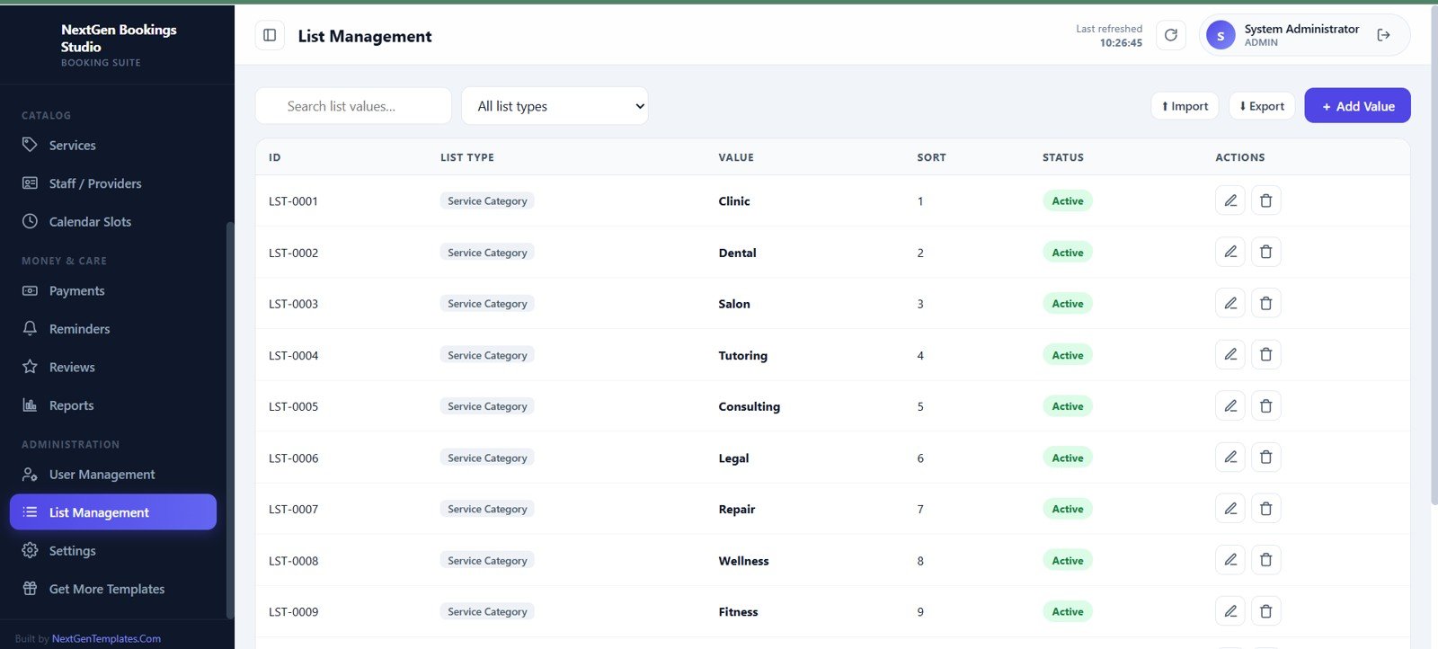 List management page for service categories and dropdown values