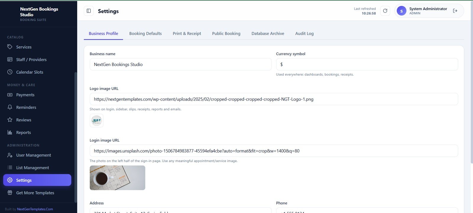 Settings screen for business profile booking defaults and audit log