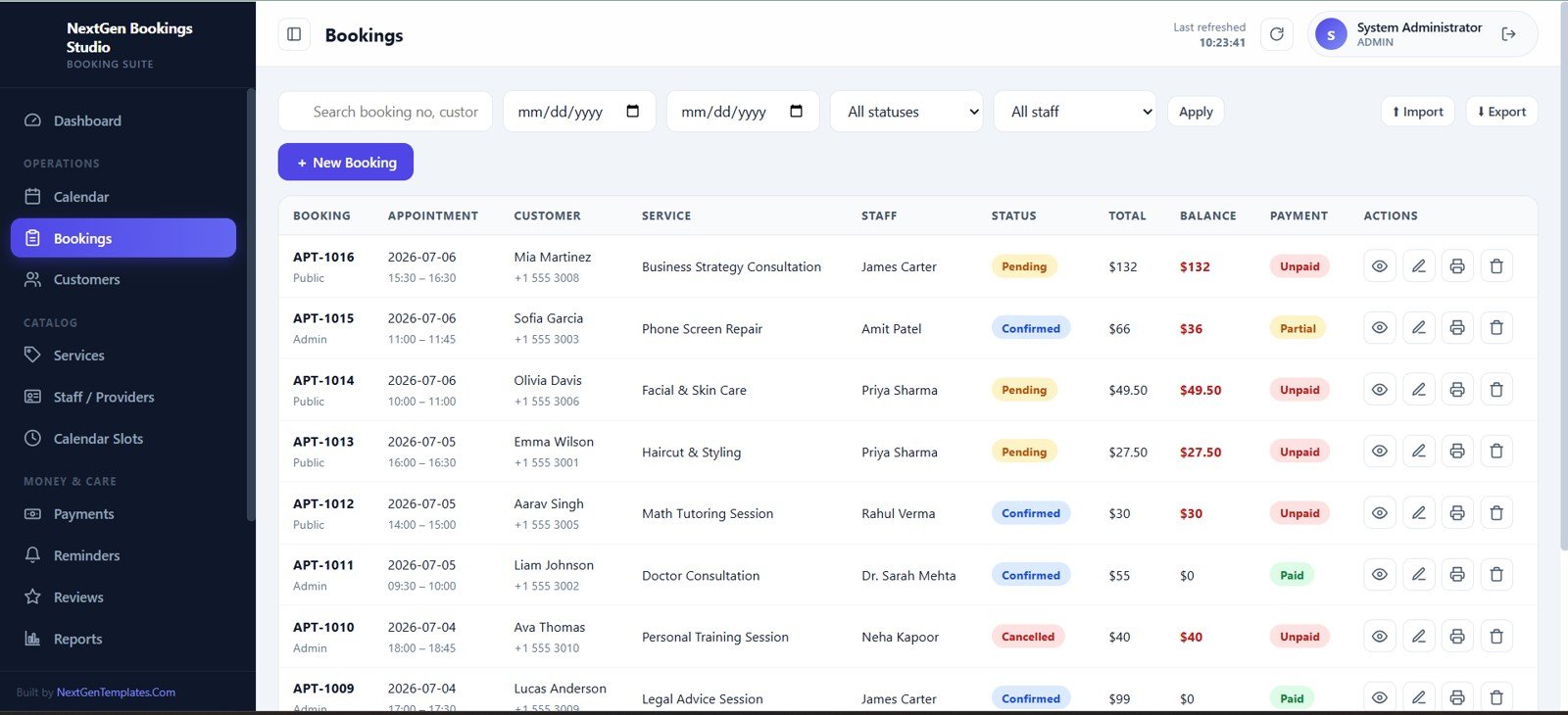 Bookings table with filters and appointment actions