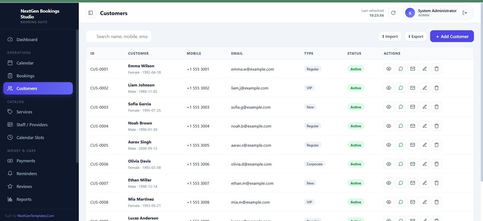 Customer directory in the appointment booking system