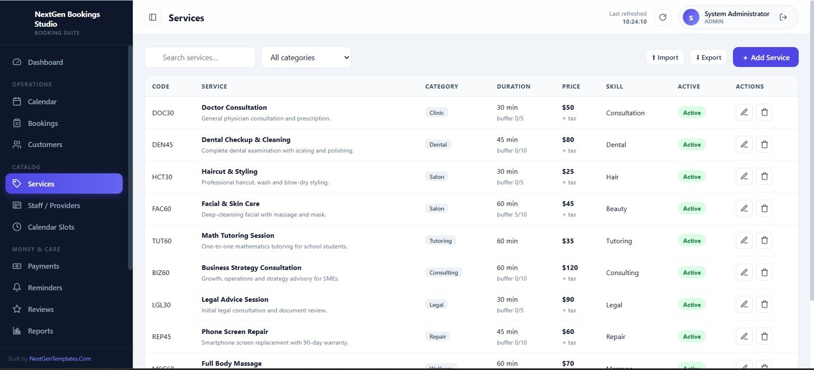 Service catalog with duration price category and status