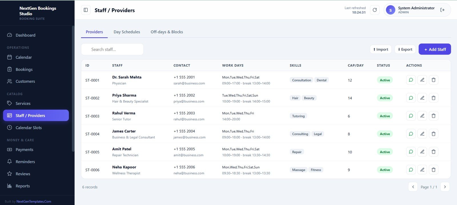 Staff and provider management screen for booking availability