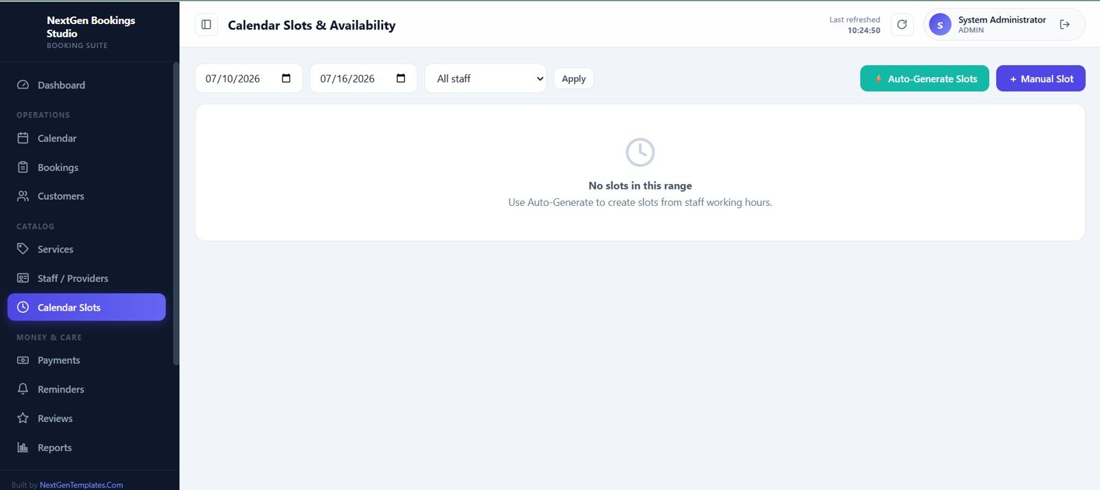 Calendar slots and availability generator for staff schedules