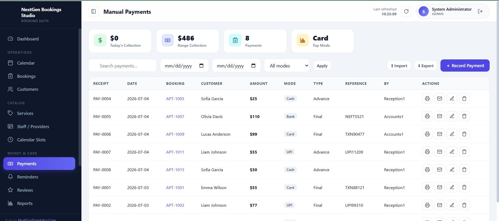 Manual payments screen for booking payment records