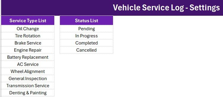 Vehicle Service Log Data Entry System in Excel - Setting Sheet