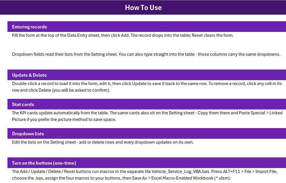 Vehicle Service Log Data Entry System in Excel - Instructions Sheet
