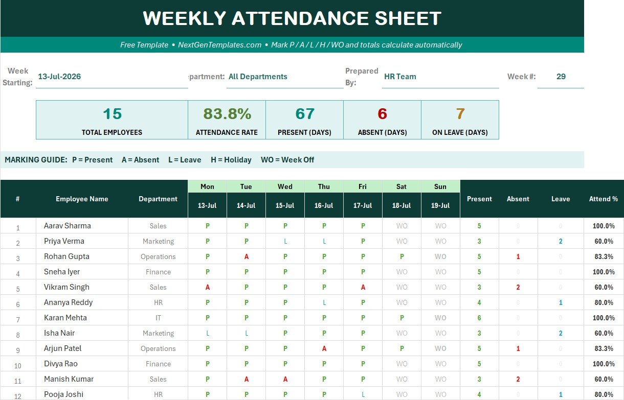 Weekly Attendance Sheet in Excel - Image 2