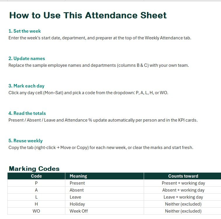 Weekly Attendance Sheet in Excel - Image 3