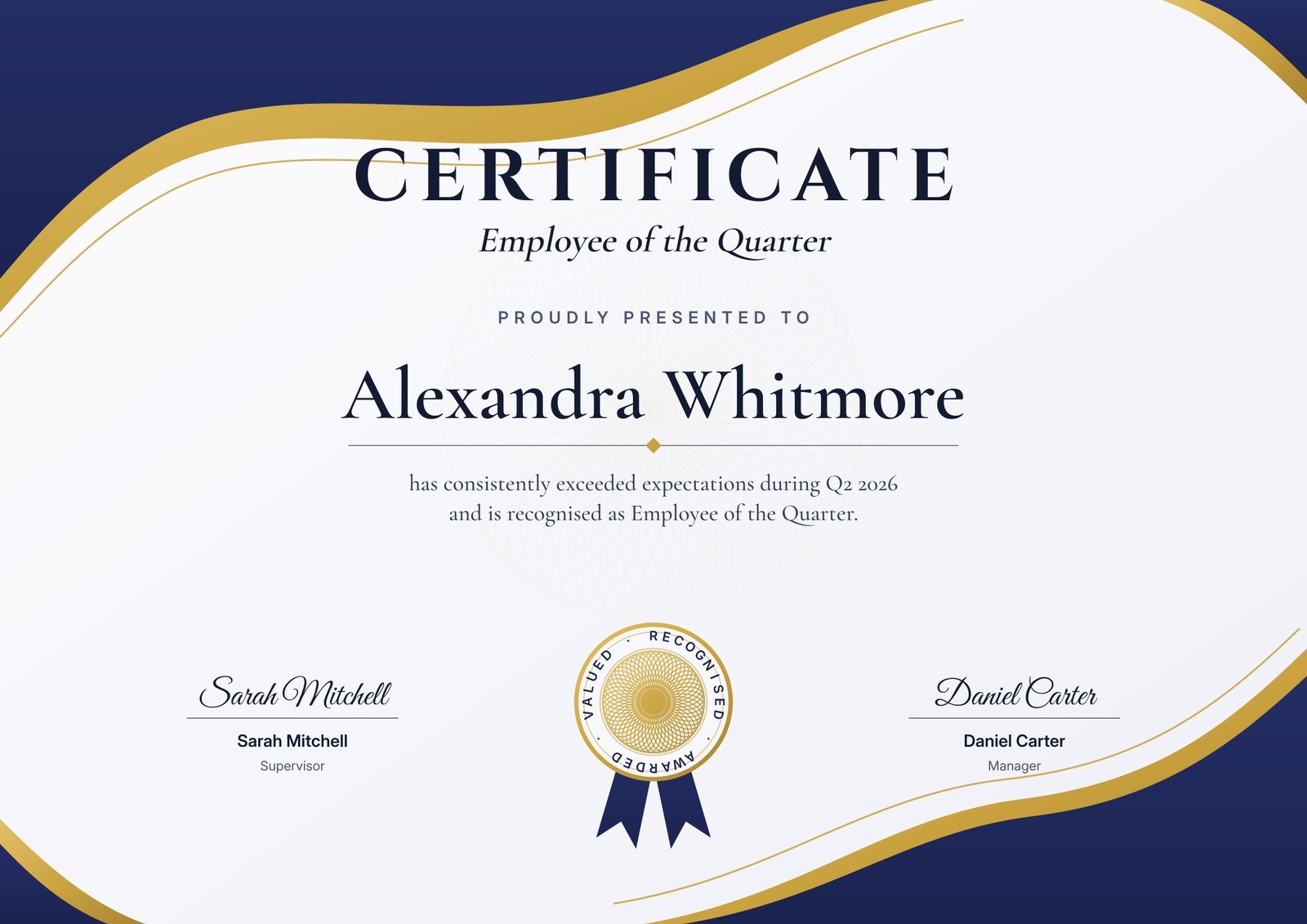 Employee of the Quarter Certificate