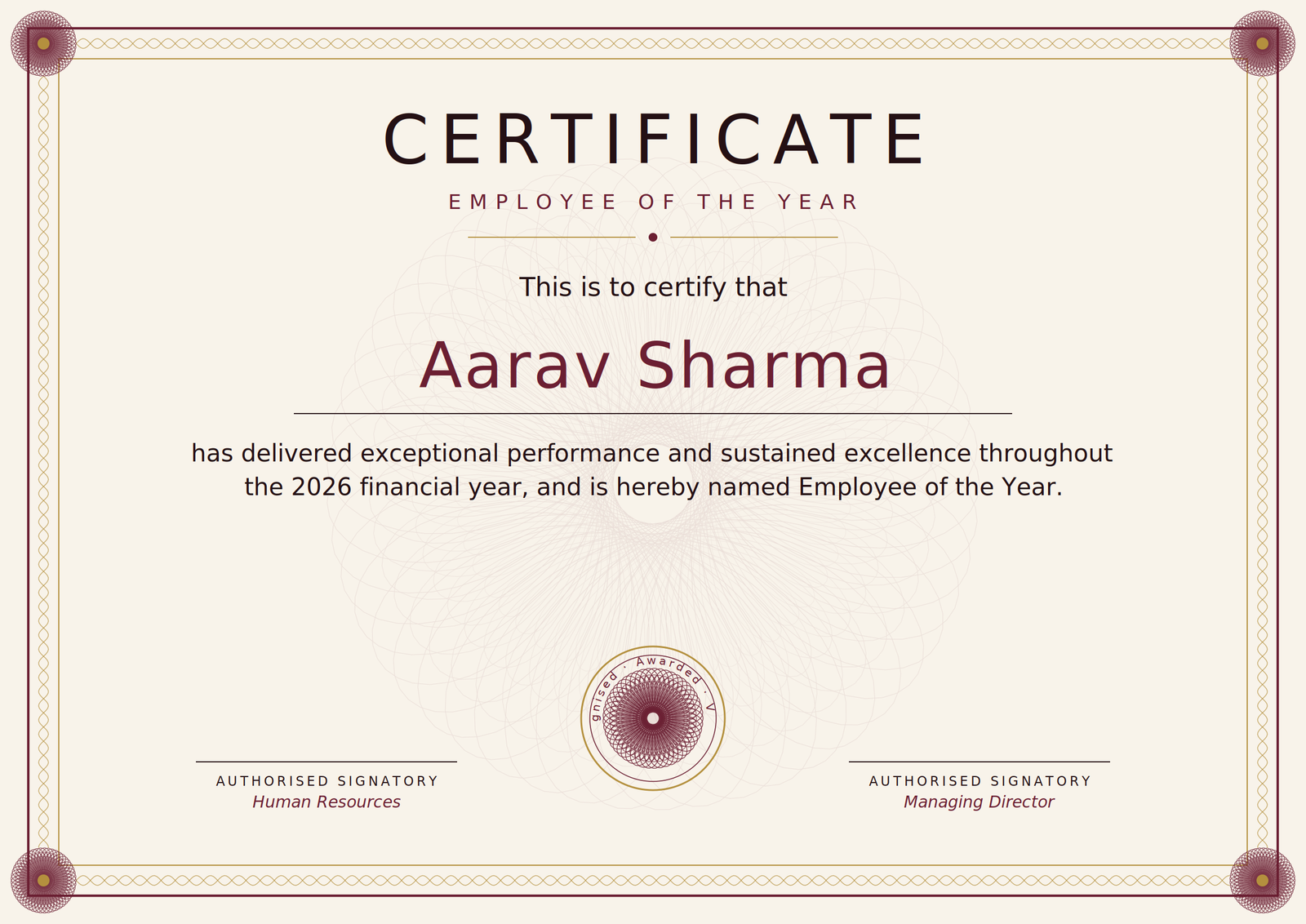 employee of the year certificate
