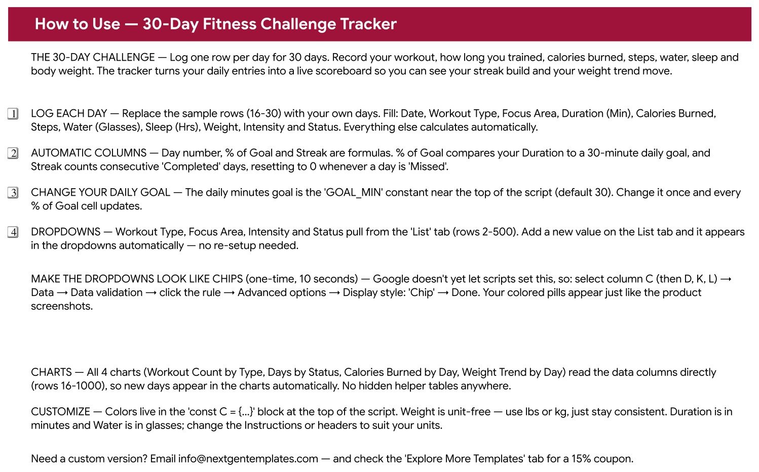 30-Day Fitness Challenge Tracker in Google Sheets - How to Use instructions tab