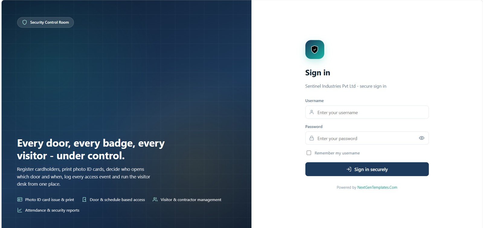 Access Control and ID Card Management System login page