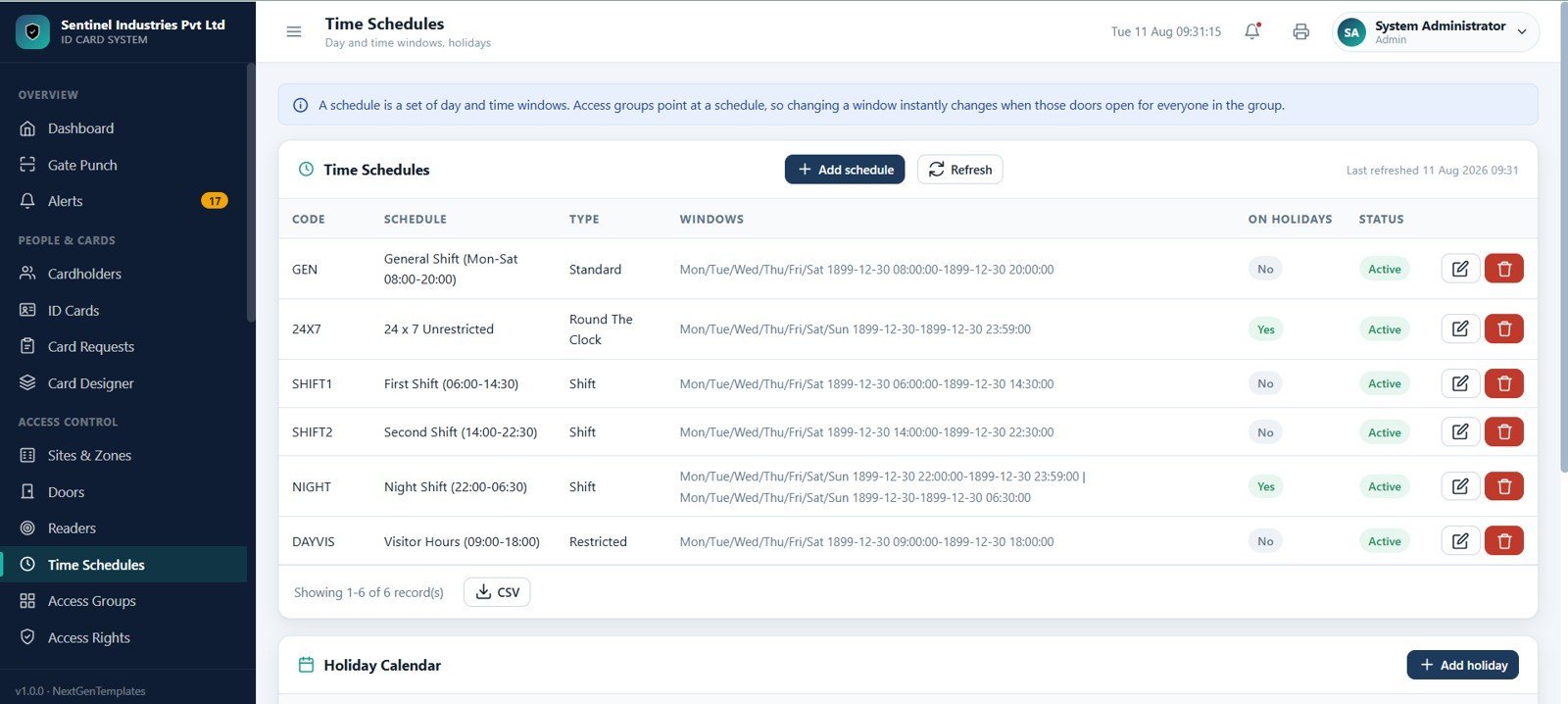 Time Schedules page in Access Control and ID Card Management System Web App